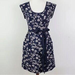 LOFT Floral Navy & Tan Linen Blend Dress with Pockets Scoop Neck Cap Sleeves 2